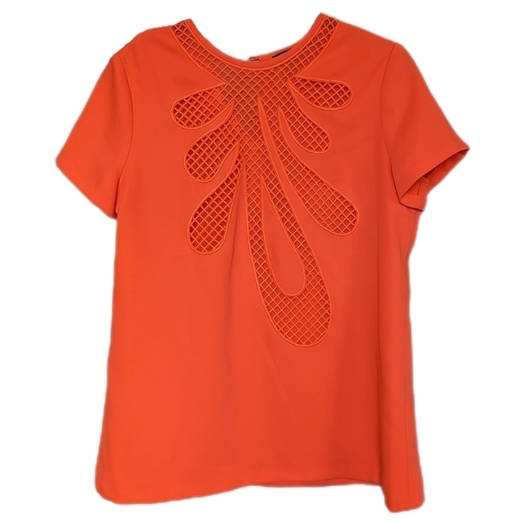 Raoul Laser Cut Mesh Flower Short Sleeve Crew Neck Back Keyhole Lined Coral - Picture 1 of 9